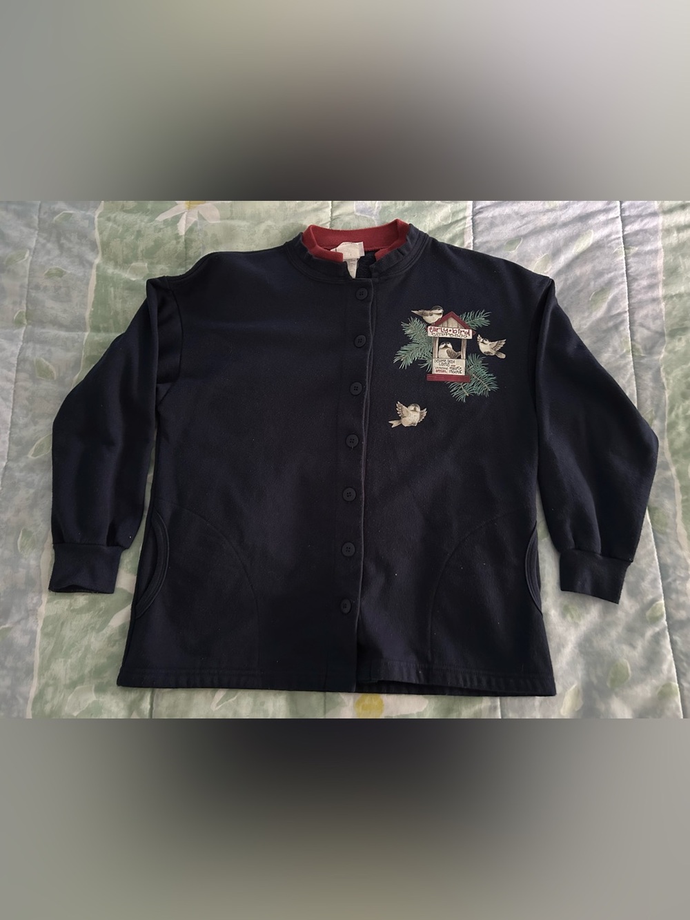 Morning Sun Petite Women Medium Early Bird Espresso Chickadee Button Up Crewneck